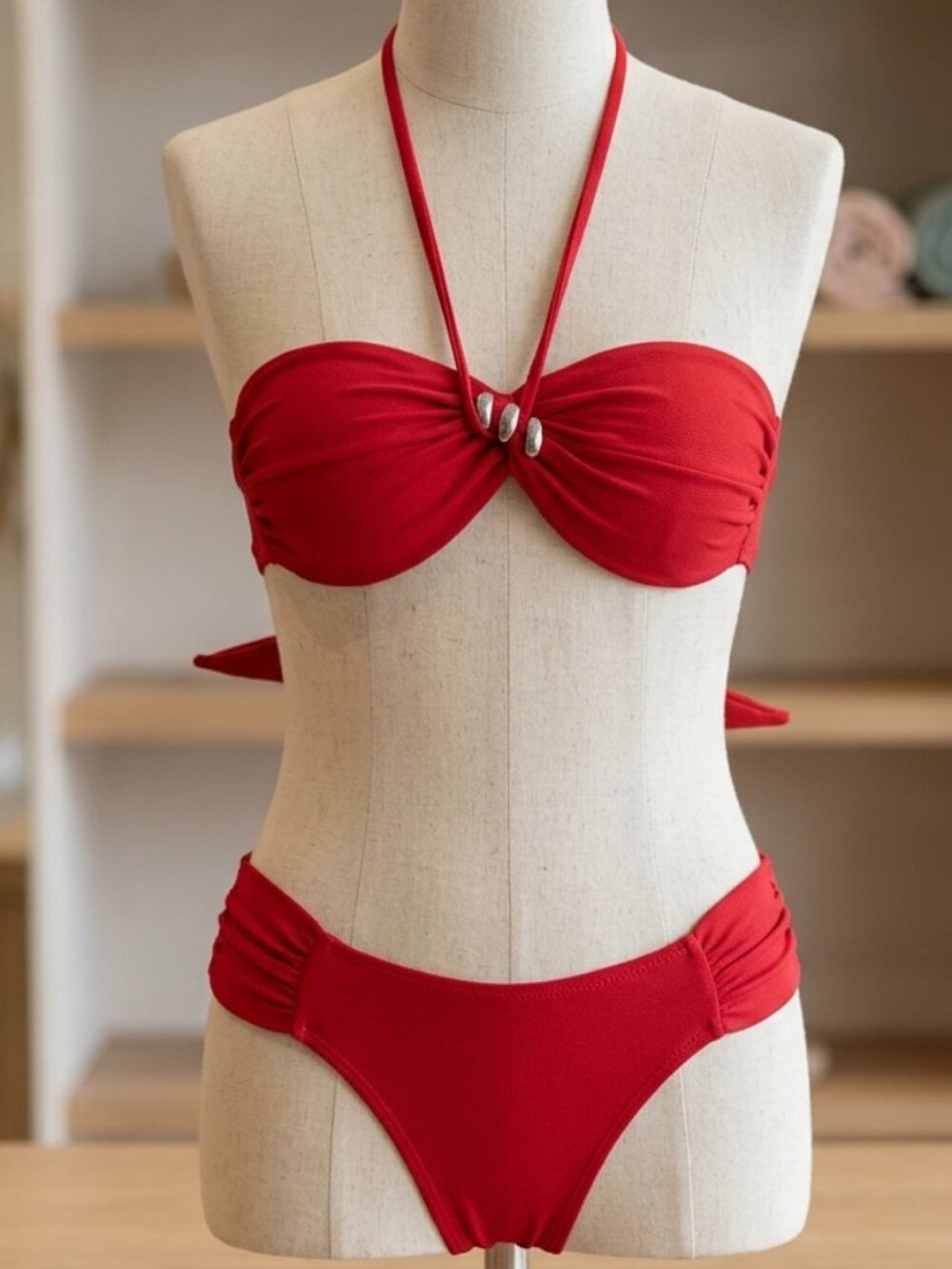 Red Ruched Halter Bikini Set Silver Hardware Detail Y2K size M